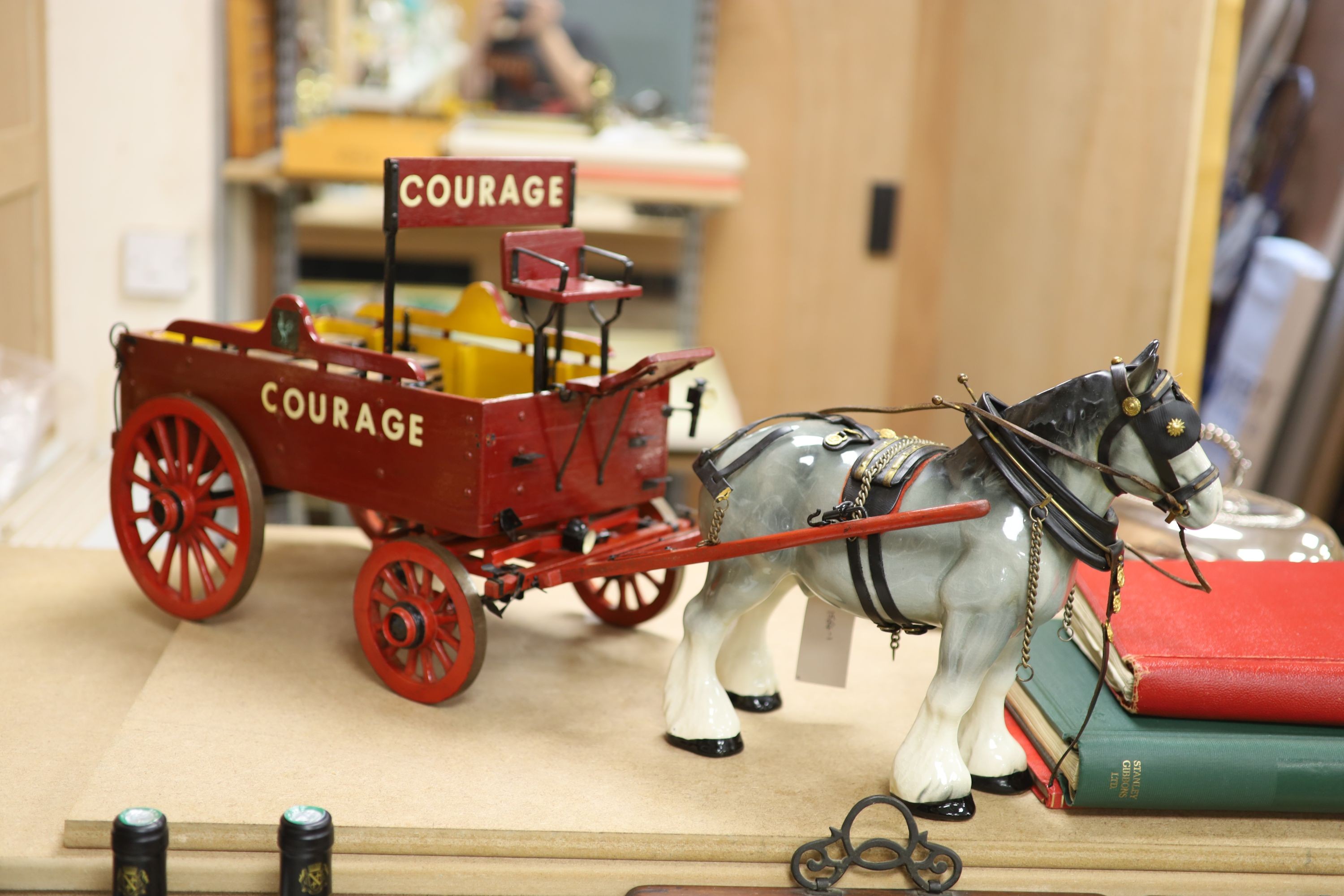 A model of a Courage advertising show dray, with ceramic shire horse